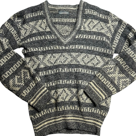 Vintage Murray’s Sweater Men’s Large Gray Black Cream Knit V-Neck Aztec Pattern - Picture 1 of 5